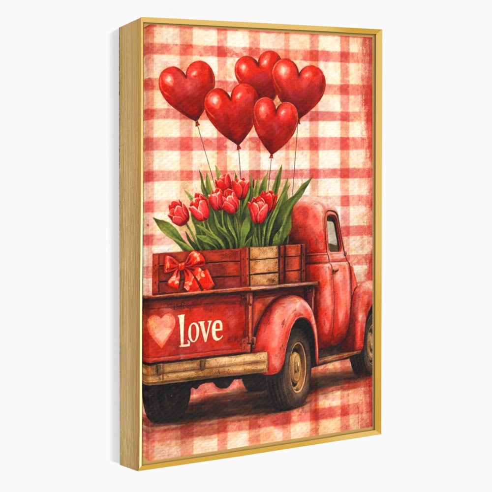 Tablou canvas cu tablou canvas cu un camion rosu vintage, in rama de aluminiu auriu